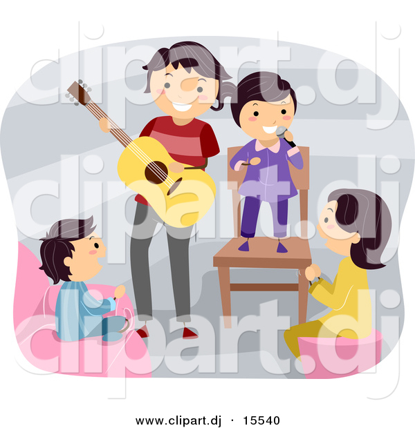 Vector Clipart of a Happy Cartoon Father Playing a Guitar Around Singing Kids
