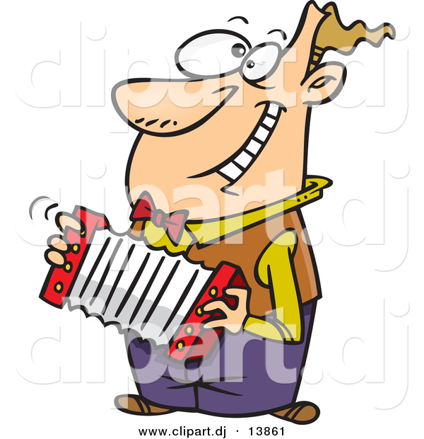 Vector Clipart of a Happy Cartoon Man Playing Accordion While Grinning