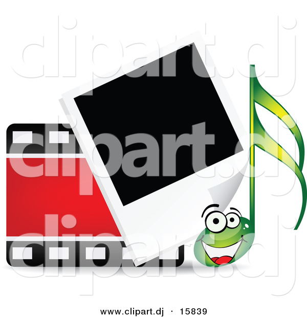 Vector Clipart of a Happy Cartoon Music Note Beside Film Strip and Polaroid Photograph