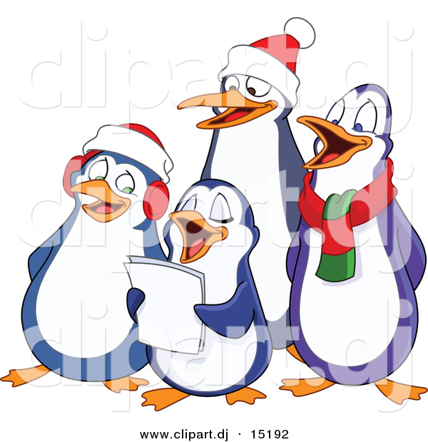 Vector Clipart of a Happy Cartoon Penguins Singing Christmas Carols