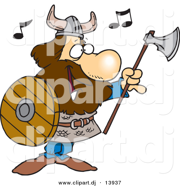 Vector Clipart of a Happy Cartoon Viking Singing with an Ax and Shield