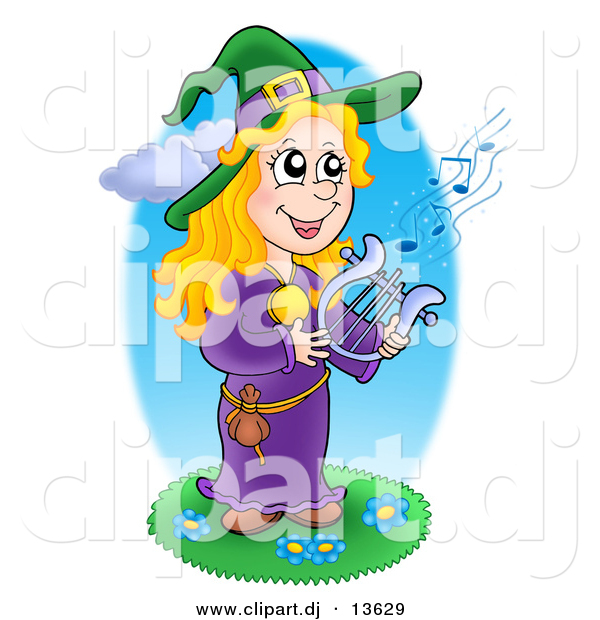 Vector Clipart of a Happy Cartoon Witch Playing a Lyre