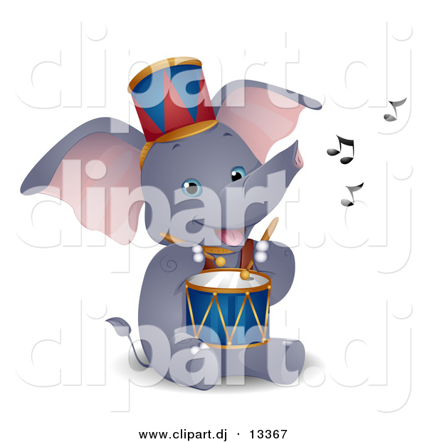 Vector Clipart of a Happy Circus Elephant Playing Drum - Cartoon Version