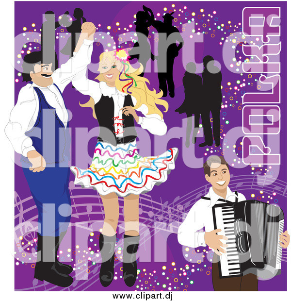 Vector Clipart of a Happy Couples Dancing to Polka Music and an Accordian Man on Purple