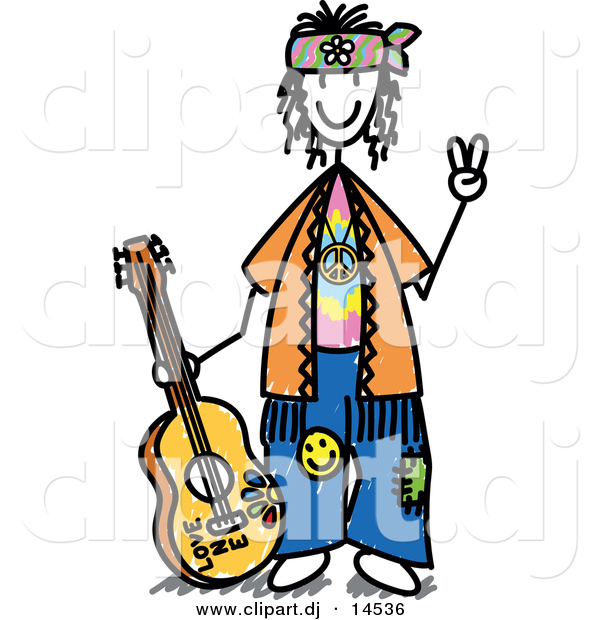 Vector Clipart of a Happy Hippie Stick Figure Guy with a Guitar and Gesturing Peace Sign wIth His Hand