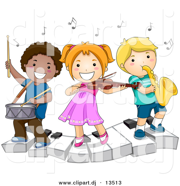 Vector Clipart of a Happy Kids Playing Instruments on a Keyboard - Cartoon School Version