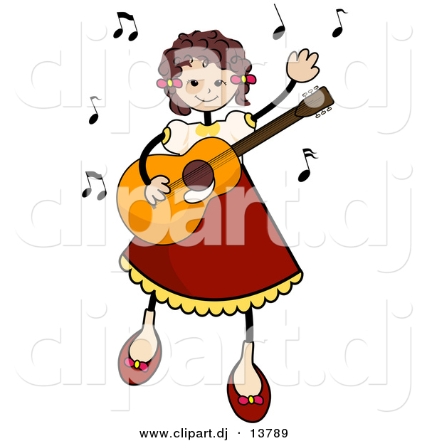 Vector Clipart of a Happy Stick Girl Playing a Guitar