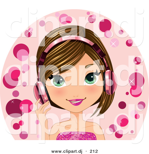 Vector Clipart of a Happy White Girl Wearing Pink Headphones
