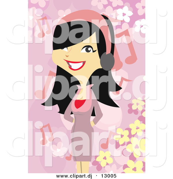 Vector Clipart of a Happy Woman Listening to Music over Pink Floral