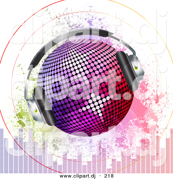 Vector Clipart of a Headphones on Disco Ball with Sound Signals over Grunge Equalizer Bars
