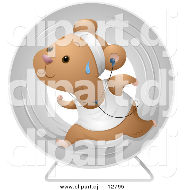 Vector Clipart of a Healthy Cartoon Hamster Running Within a Exercise Wheel While Listening to Music