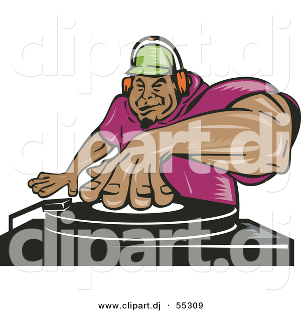 Vector Clipart of a Hispanic Cartoon Male Dj Mixing Records While Listening Through Headphones