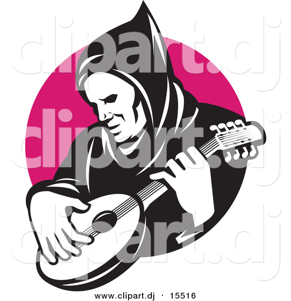 Vector Clipart of a Hooded Man Playing a Banjo over a Pink Circle