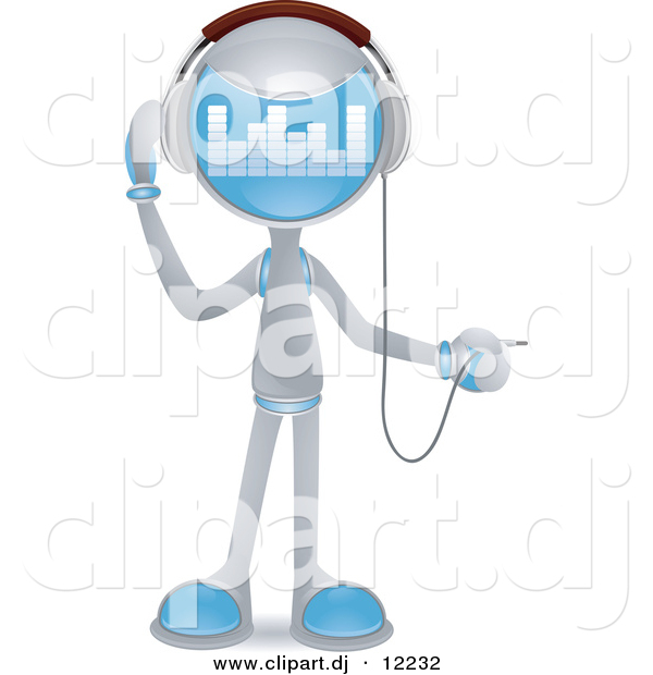 Vector Clipart of a Human-Like Robot Plugging in Headphones - Cartoon Styled Design