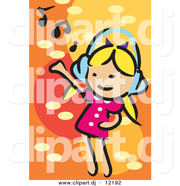 Vector Clipart of a Little White Blond Girl Dancing and Listening to Music
