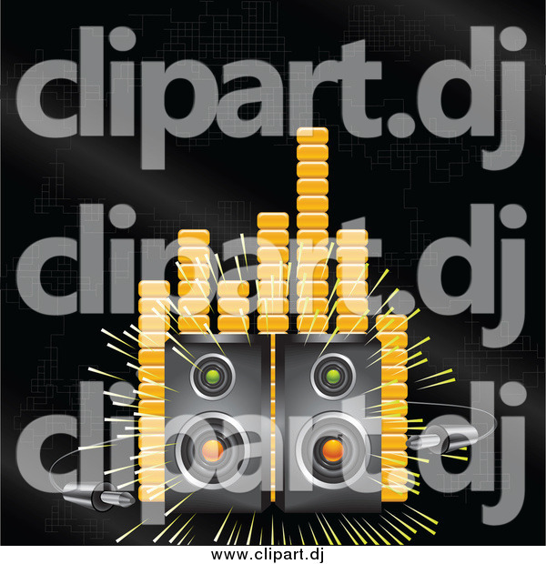 Vector Clipart of a Loud Stereo Speakers Blaring Music on a Black Background with Orange Equalizer or Volume Lines