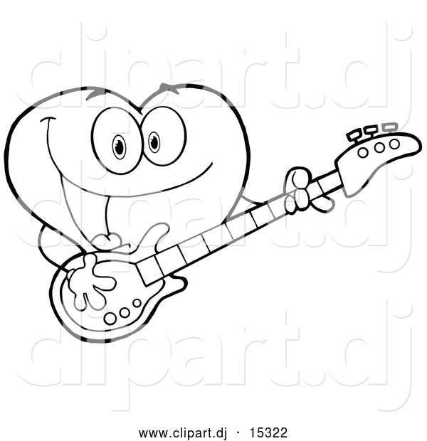 Vector Clipart of a Love Heart Guitarist Cartoon Character Playing a Song with a Guitar - Outlined Version