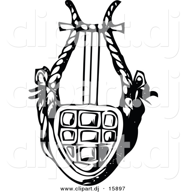 Vector Clipart of a Lyre Instrument - Black and White Vintage Design #2