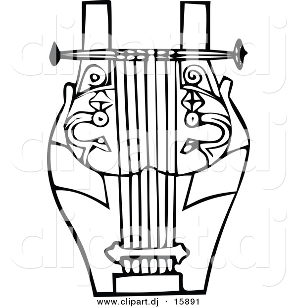 Vector Clipart of a Lyre Instrument - Black and White Vintage Design #8