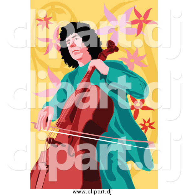 Vector Clipart of a Male Celloist over Yellow Floral