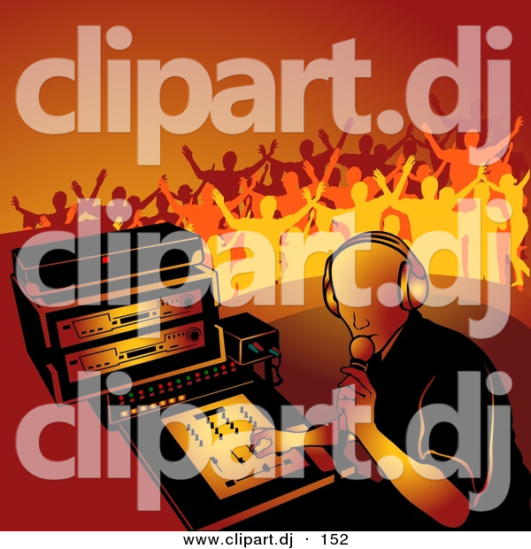 Vector Clipart of a Male DJ Playing Music While Young People Dance in Orange Background