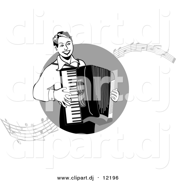 Vector Clipart of a Man Playing an Accordian with Music Notes