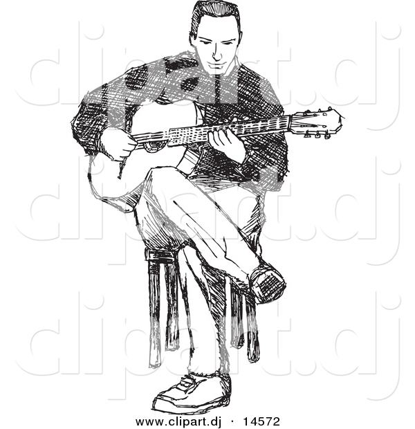 Vector Clipart of a Man Playing Guitar While Sitting in Chair - Black and White Pencil Sketch Art