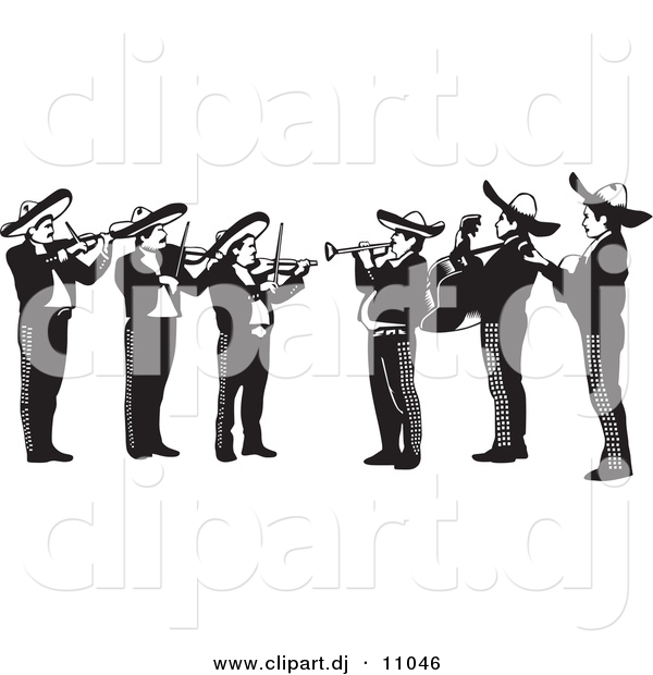 Vector Clipart of a Mariachi Band Playing Violins, Trumpets and Guitars in Mexico - Black and White Version