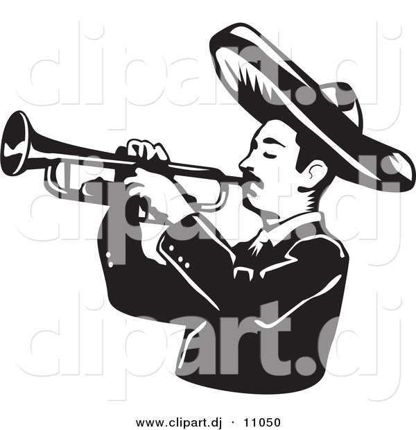 Vector Clipart of a Mariachi Man Wearing a Sombrero While Playing a Trumpet - Black and White Version