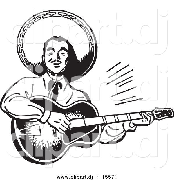 Vector Clipart of a Mexican Mariachi Guitarist Playing Music - Retro Black and White Version