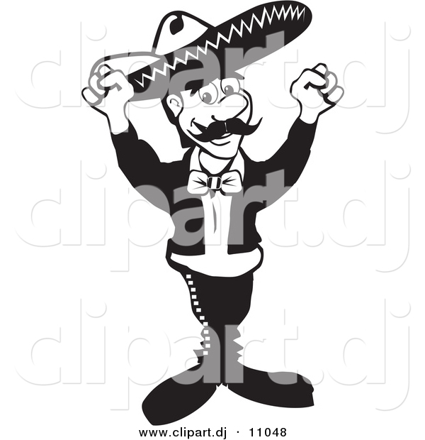 Vector Clipart of a Mexican Mariachi Man Wearing a Sombrero While Dancing - Black and White Version