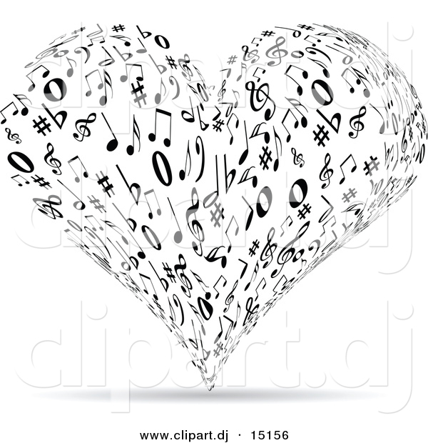 Vector Clipart of a Music Note Love Heart - Black and White