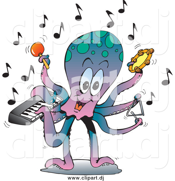 Vector Clipart of a Musician Octopus Playing a Keyboard, Maraca, Tambourine, and Triangle