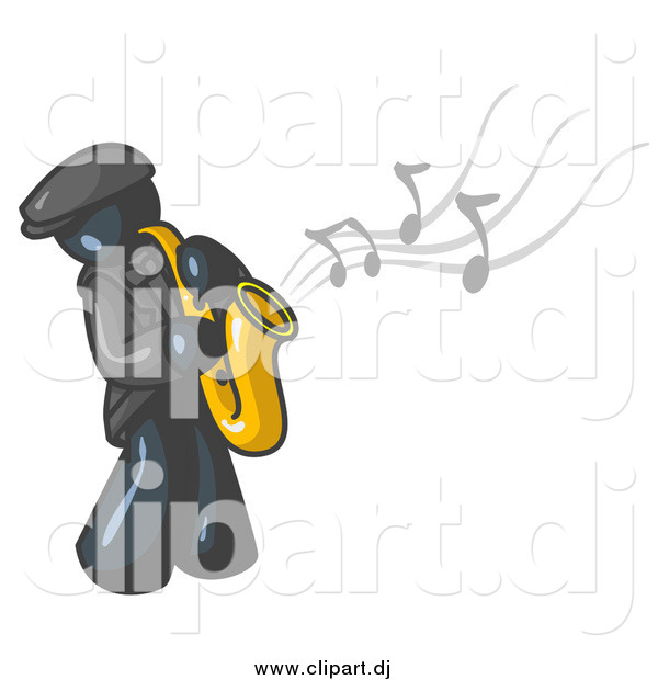 Vector Clipart of a Navy Blue Man Playing Jazz with a Saxophone