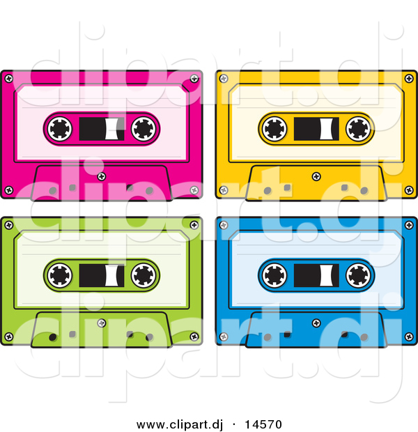 Vector Clipart of a Neon Colored Audio Cassette Tapes - Pink, Yellow, Green, and Blue - Digital Collage