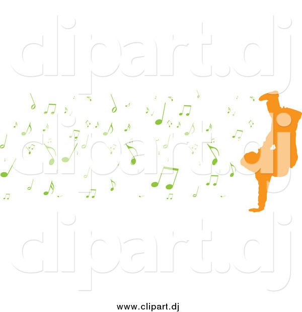Vector Clipart of a Orange Silhouetted Breakdancer with Green Music Notes