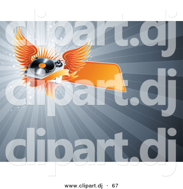 Vector Clipart of a Orange Winged Record Player with Blank Banner over Bursting Gray Background