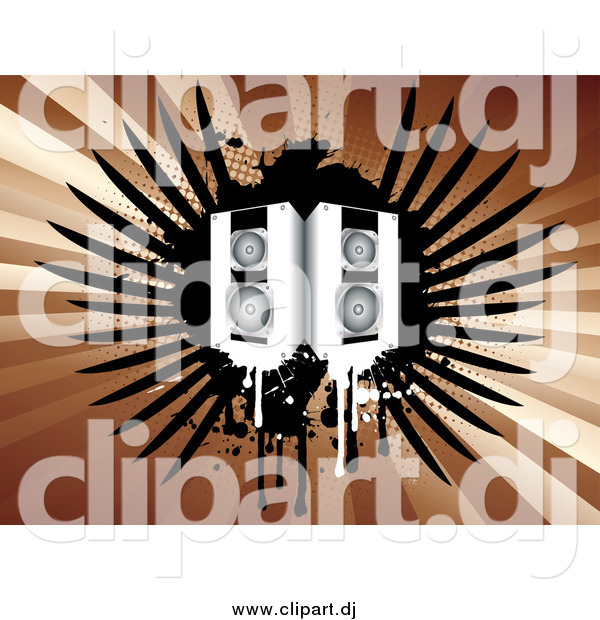 Vector Clipart of a Pair of Music Speakers Dripping over Black Grunge Wings on a Bursting Brown Background