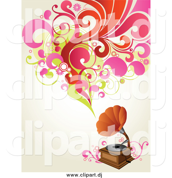 Vector Clipart of a Phonograph Playing Music, Shown As Red, Pink and Green Circles, Flowers and Leaves over an off White Background