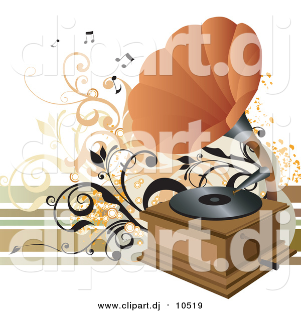 Vector Clipart of a Phonograph with an Orange Cone, Playing Music on a Vinyl Record