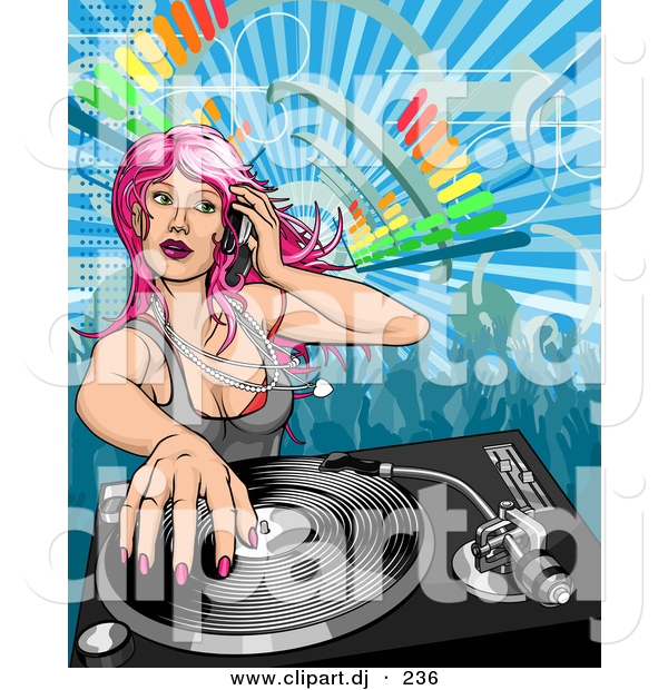 Vector Clipart of a Pink Haired Dj Girl Mixing a Record