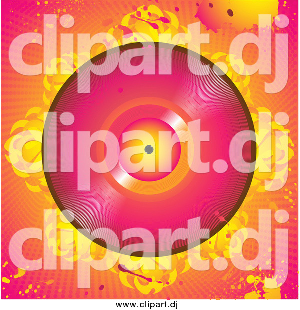 Vector Clipart of a Pink Vinly Record with Flames, over a Grunge Pink and Orange Background with Splatters and Dots