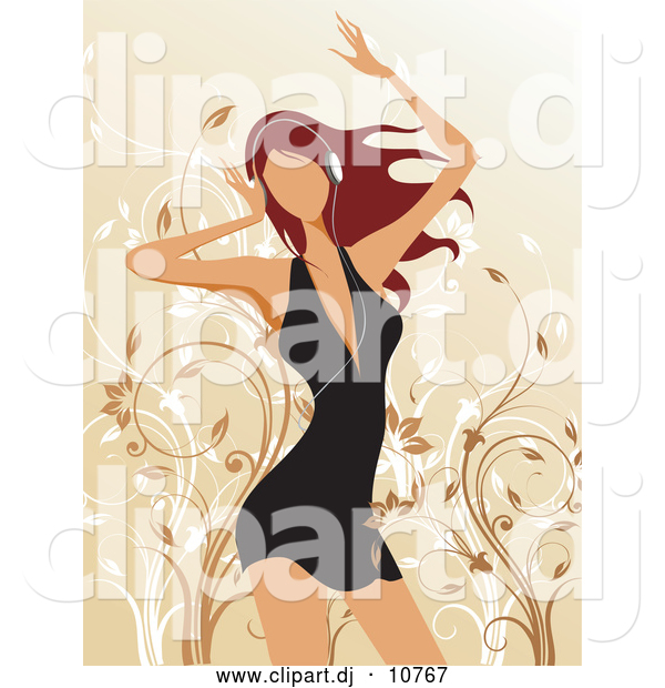 Vector Clipart of a Pretty Young Woman in a Little Black Dress, Dancing with Headphones over Her Ears