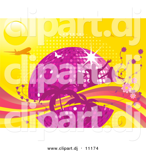 Vector Clipart of a Purple Disco Ball Surrounded by People, Flowers and Palm Trees with an Airplane and Butterflies on a Yellow Background