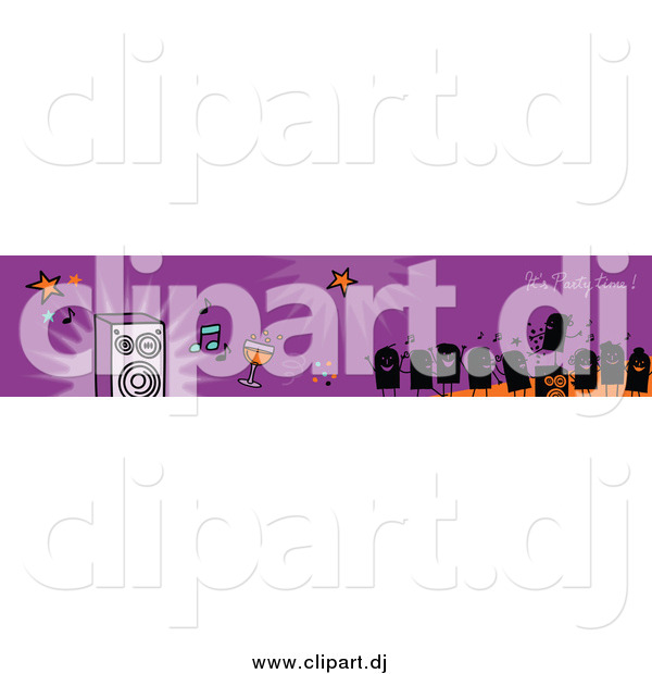 Vector Clipart of a Purple Its Party Time Banner with Party People and Music