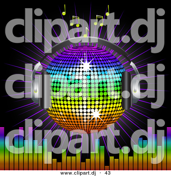 Vector Clipart of a Rainbow Disco Ball Globe with Headphones with Music Notes, a Burst and a Equalizer Bars, on Black