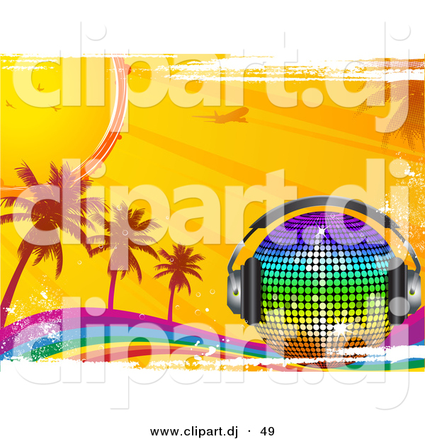Vector Clipart of a Rainbow Disco Ball with Headphones on a Grunge Rainbow with Palm Trees, Sunshine