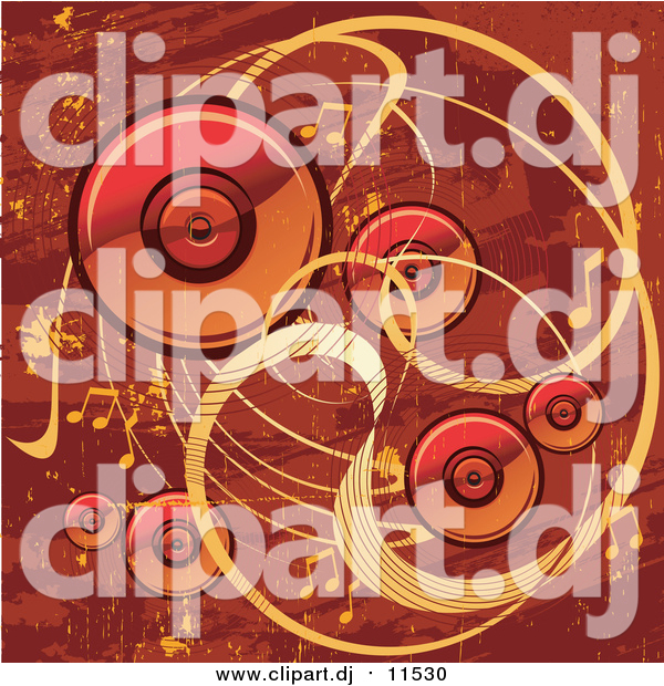 Vector Clipart of a Red and Orange Grunge Music Background with Speakers, Waves and Music Notes