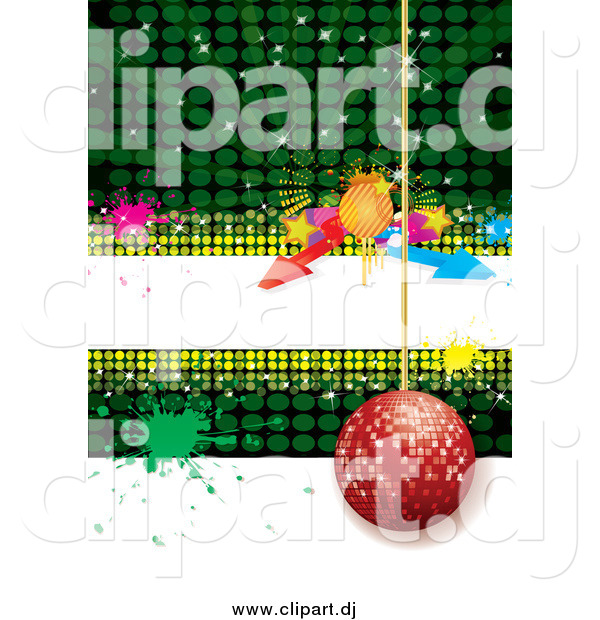 Vector Clipart of a Red Disco Ornament Ball Hanging over Green and White with a White Text Bar, Arrows and Splatters