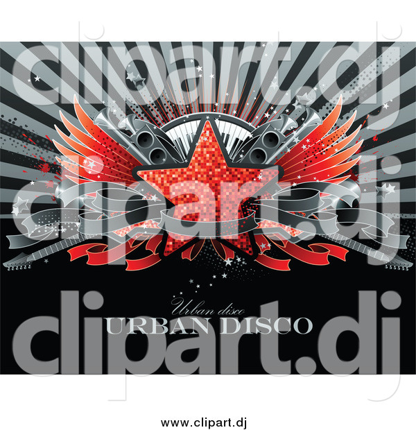 Vector Clipart of a Red Glittering Star with Wings, Speakers, a Keyboard, Guitars and a Blank Banner over a Burst with Sample Text